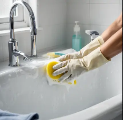 Badewanne wird mit Schwamm selbst gereinigt